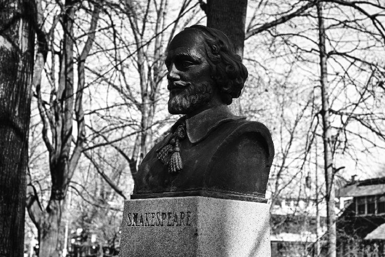 The Bust of the Bard, in 1953 this bronze bust by Cleveland sculptor Frank Jirouch replaced the original limestone bust crafted by Joseph Motto and Stephen Rebeck in 1916.